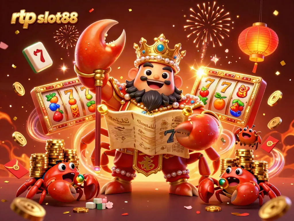 Menangkan permainan di rtp slot88 dengan ilustrasi 3D kepiting emas bermain slot dan harta karun.