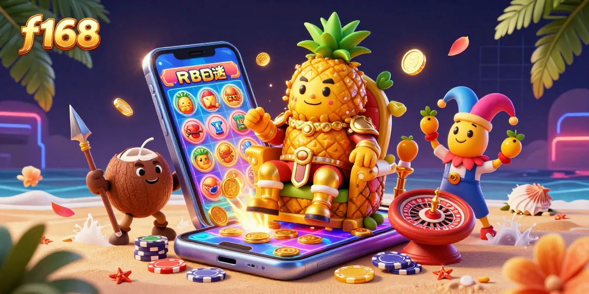 Experience thrilling fun at f168 casino with a golden pineapple king and gaming elements in a vibrant beach scene.