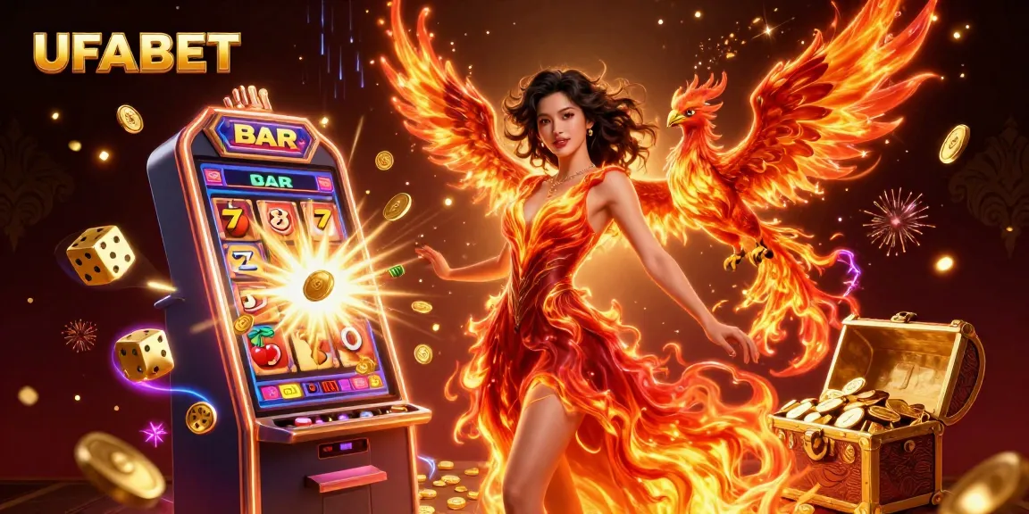 Experience thrilling action with UFABET's casino games as a phoenix rises surrounded by vibrant slot machine elements