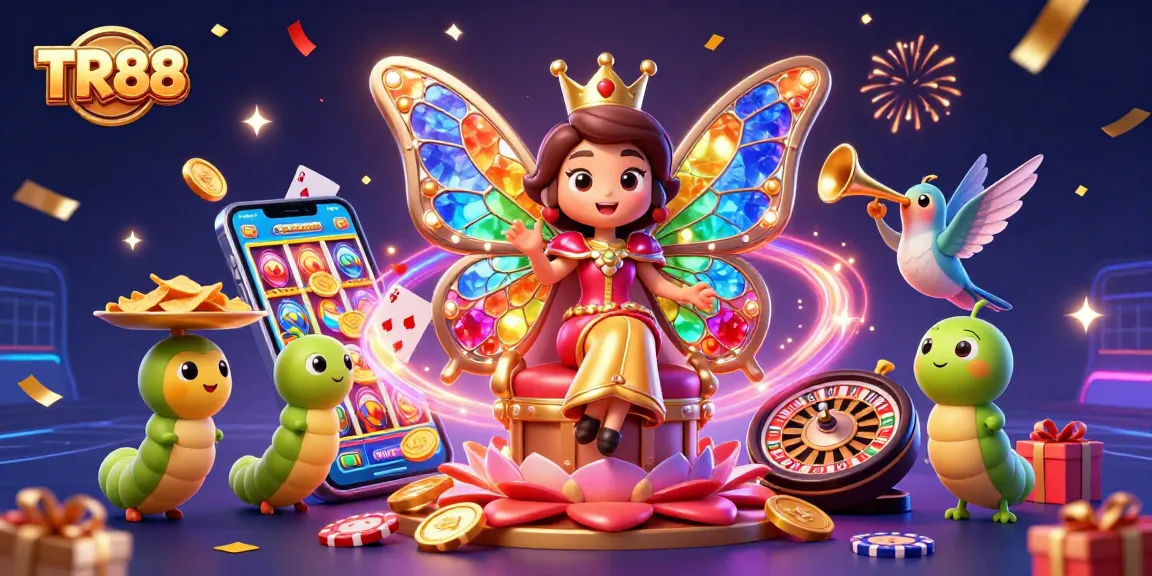 Experience TR88’s vibrant gaming adventure with a 3D illustration of a butterfly queen and dazzling casino elements.