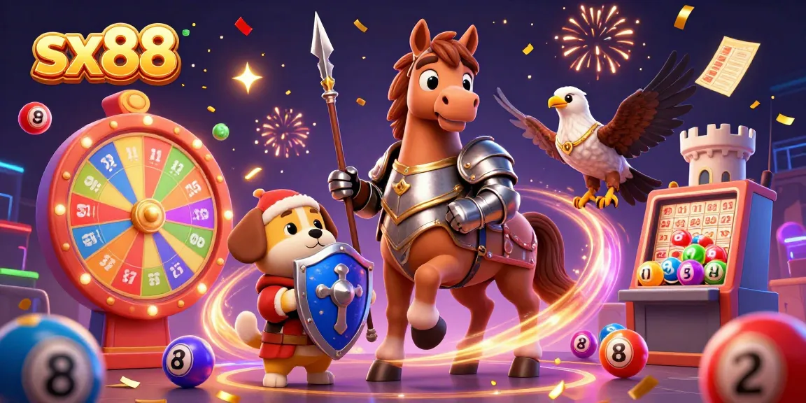 SX88 knights celebrate with vibrant casino elements and lottery balls flying amidst confetti.