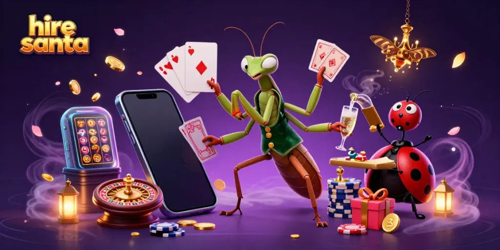 Hire Santa card sharp depiction surrounded by casino game elements in a vibrant 3D illustration.