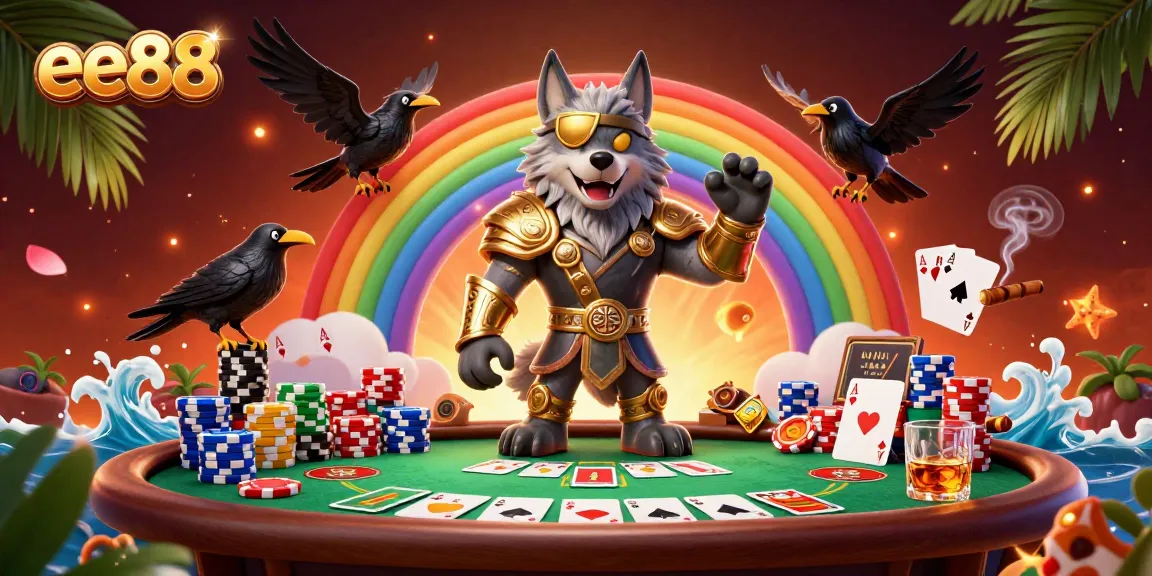 Experience excitement at ee88 with a vibrant illustration of a casino scene featuring characters and poker elements.