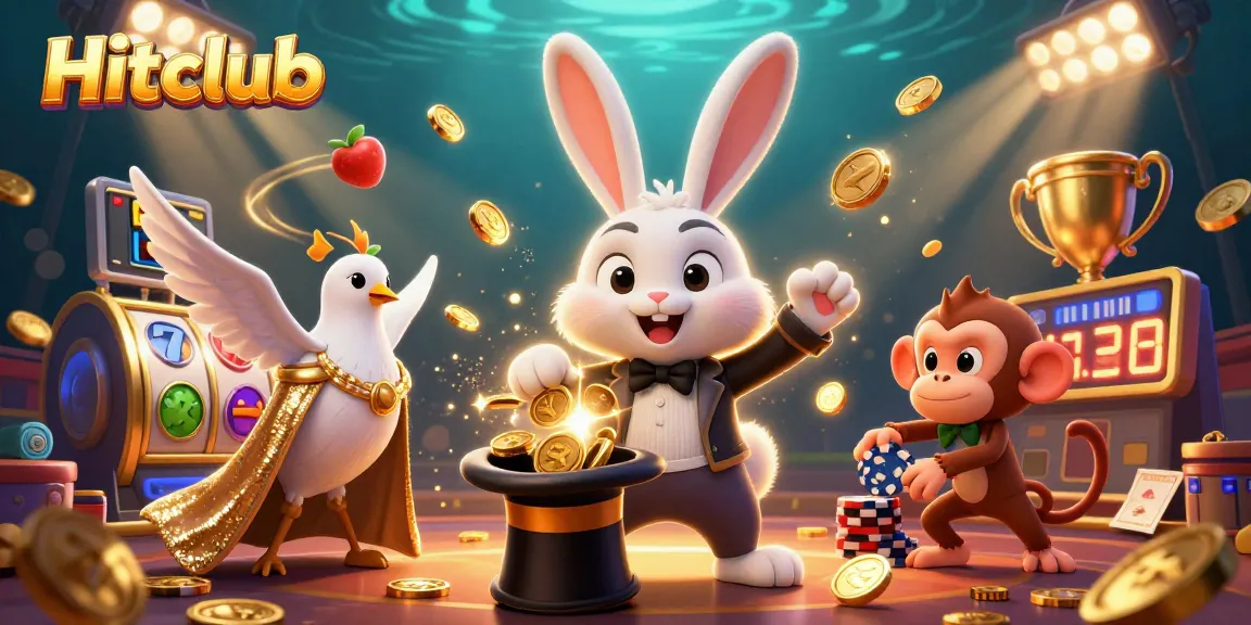 Hitclub's whimsical casino magic scene featuring a rabbit, dove, and monkey immersed in lively slots and golden coins.
