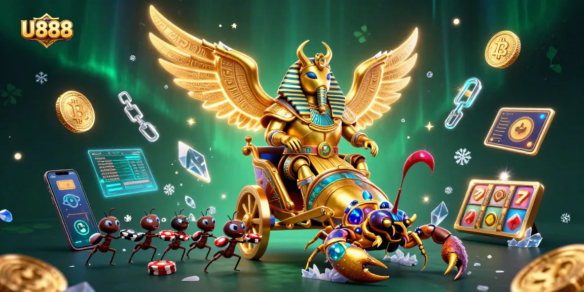 Experience U888's thrilling slots with a golden scarab beetle riding in a chariot.