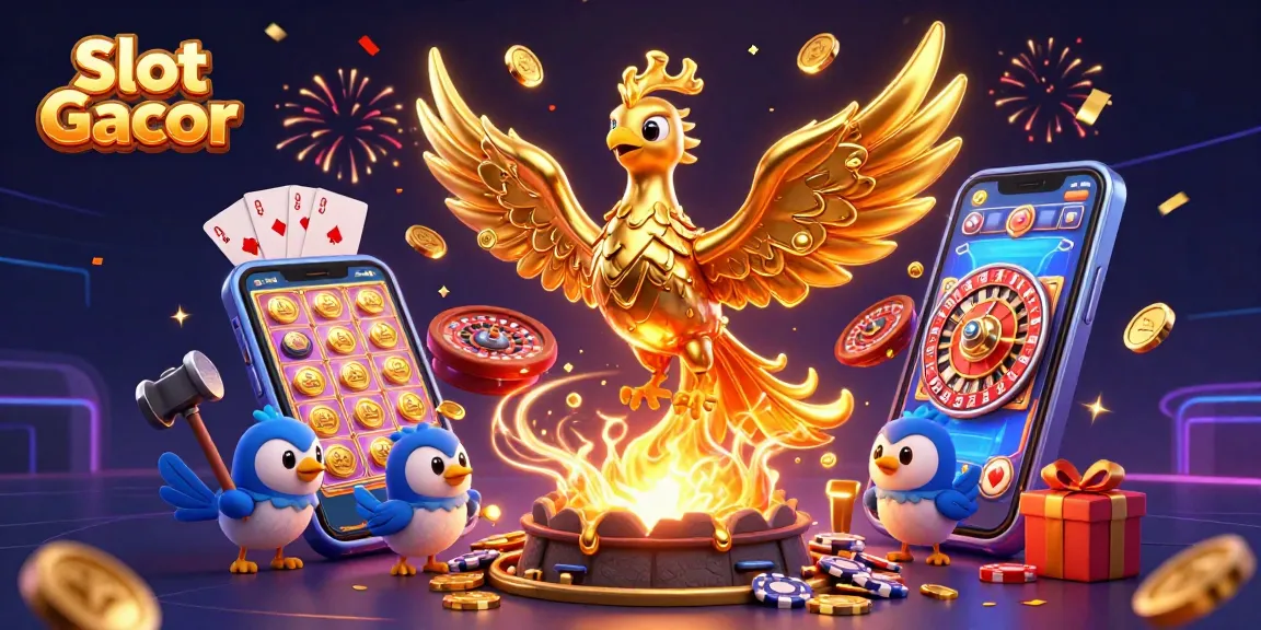 Experience the excitement of Slot Gacor with a golden phoenix emerging amid casino games and rewards.