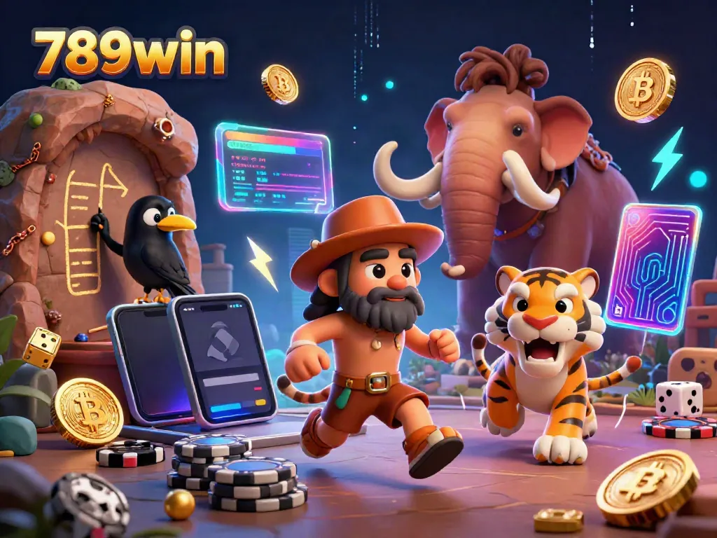 Spin the reels at 789win with cartoon characters in a dynamic prehistoric casino scene.