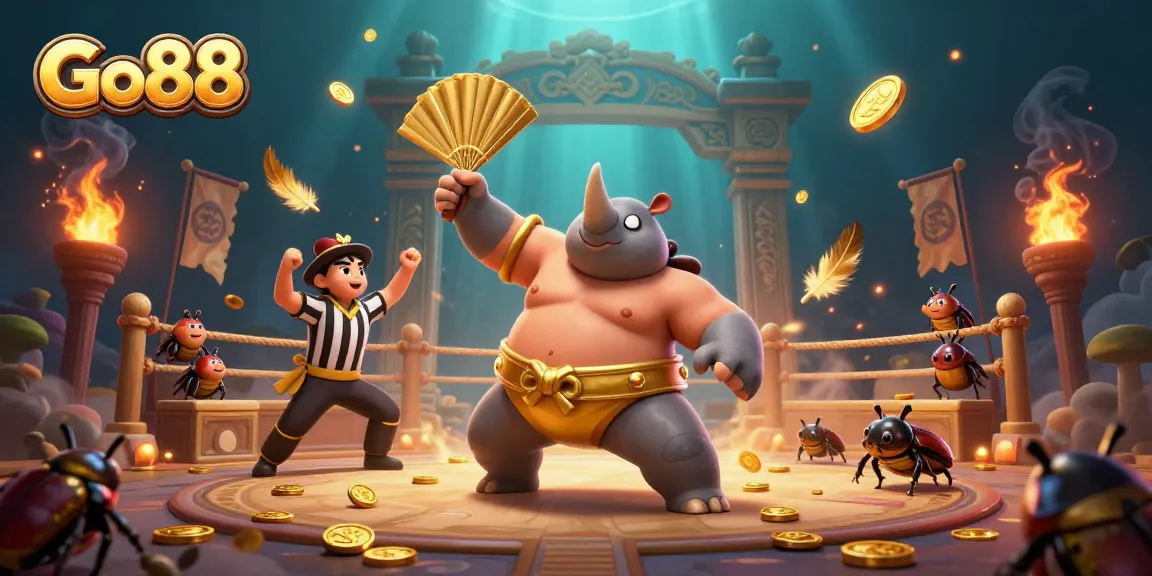 Experience Go88 gaming action with a rhinoceros beetle champion and dynamic golden effects.