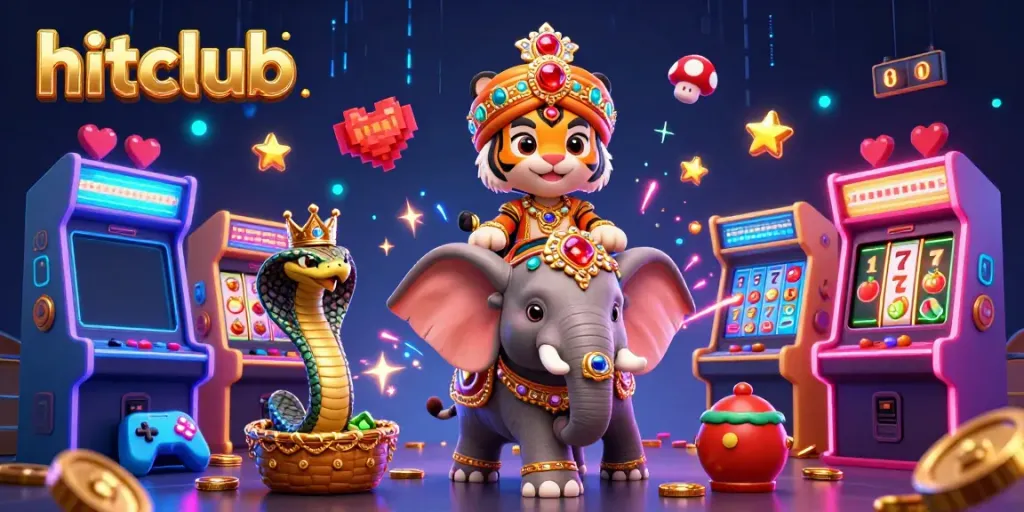 Experience the hitclub excitement with a 3D cartoon tiger and elephant amidst colorful casino elements.