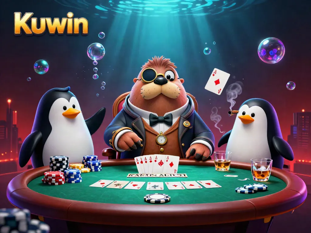 Kuwin players strategically bluffing at an underwater poker table with colorful chips and cards.