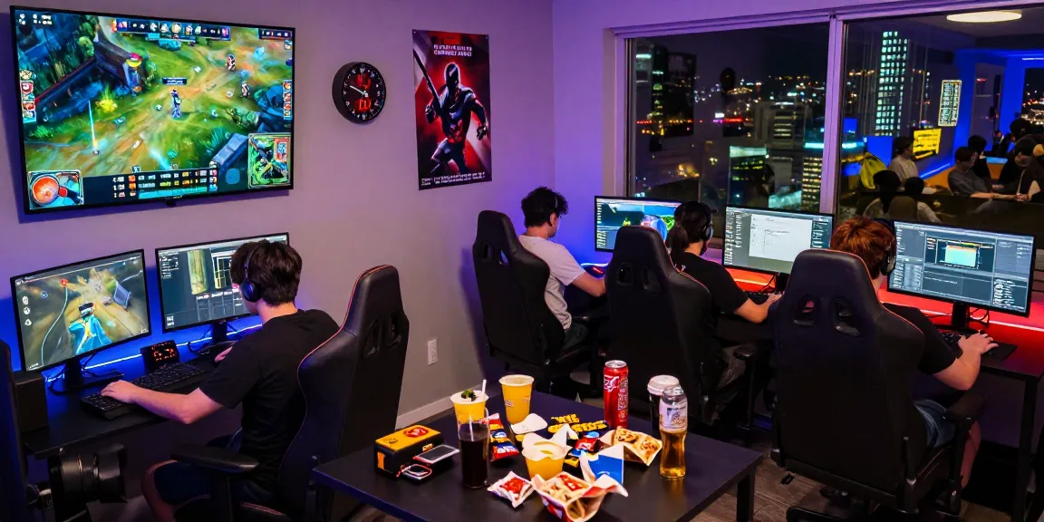 Exciting online gaming event with players immersed in rokok88 competition, vibrant screens, and snacks