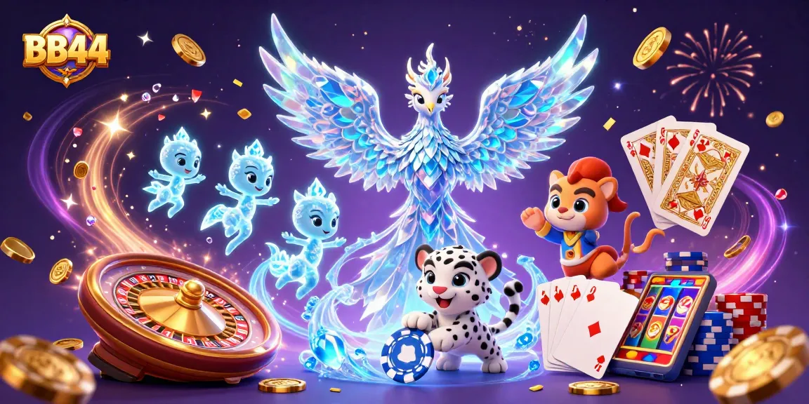 BB44 casino image showcasing the thrilling energy of gameplay with an ice phoenix, poker chip, and sparkling elements.