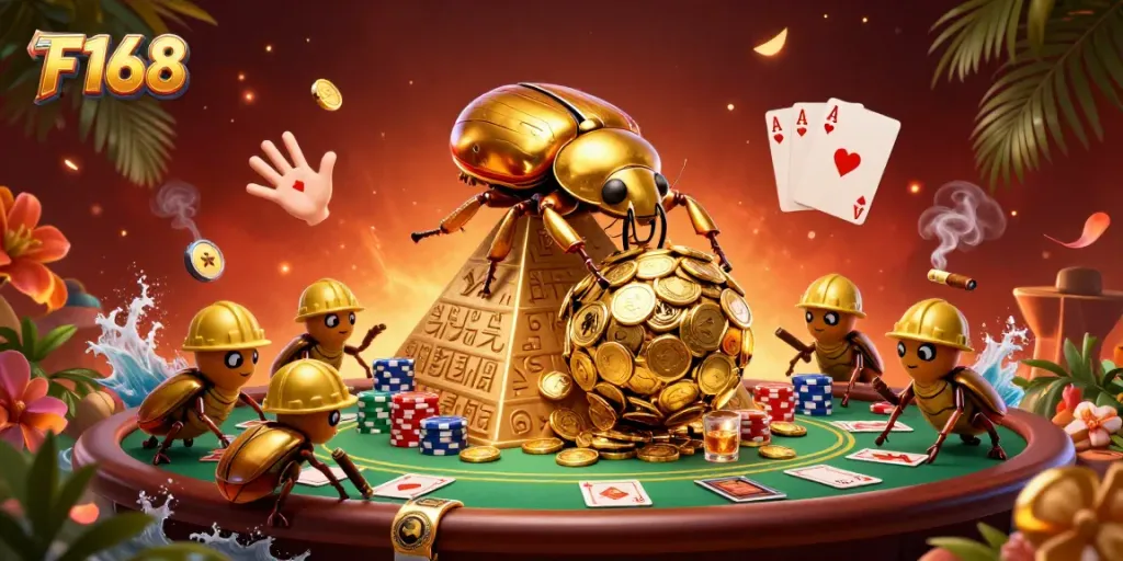 Experience thrilling gameplay with F168, featuring a golden beetle and poker icons in a vibrant casino setting.