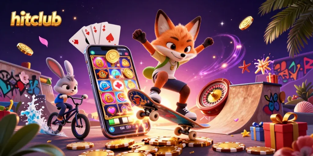 Engage in exciting gaming at hitclub with cartoon characters surrounded by vibrant casino elements.