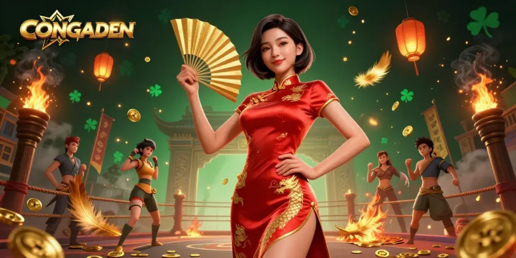 Watch thrilling CONGADEN cockfighting matches amidst golden coins and vibrant atmosphere.