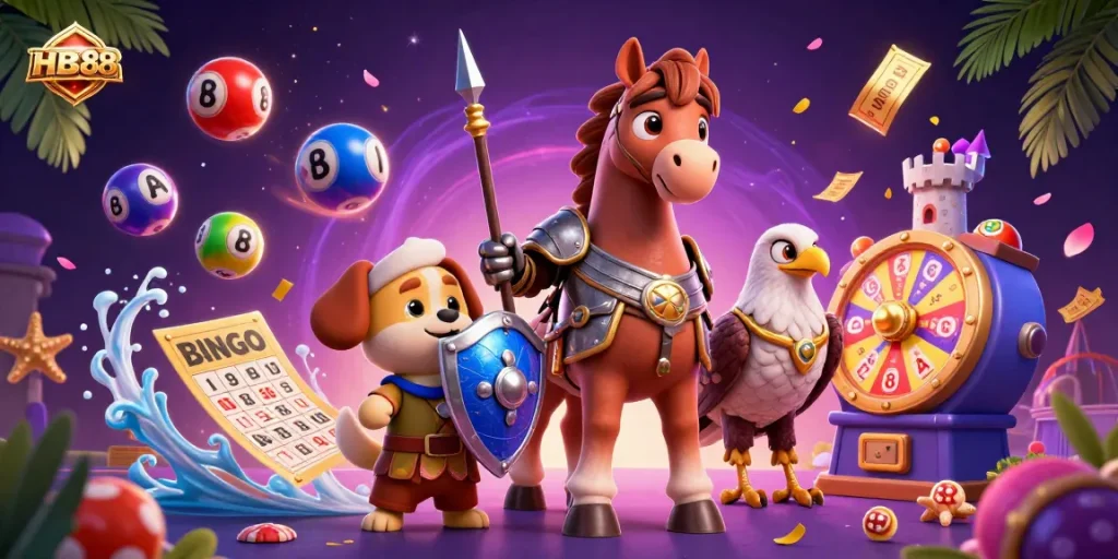 Join the HB88 excitement with colorful lottery and casino elements, featuring dynamic characters and vibrant gaming prizes.