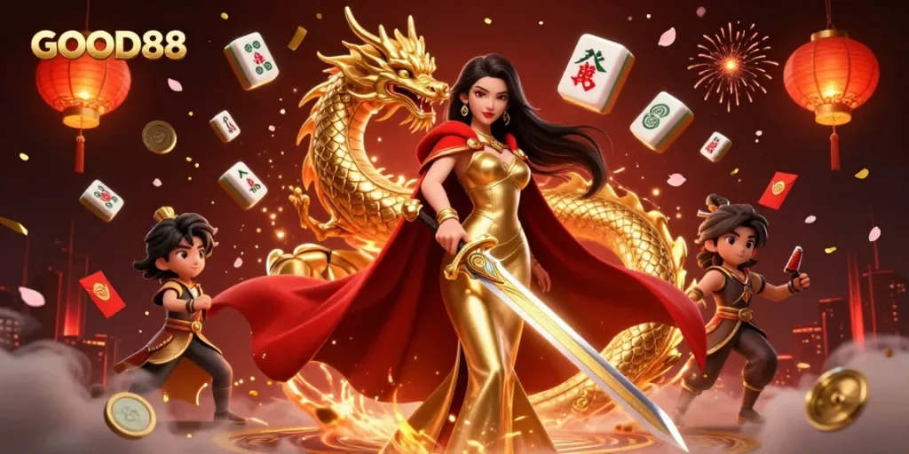 GOOD88 showcases an enchanting scene with a warrior queen and golden dragon amidst casino elements.