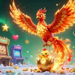 Engage with lively slot action at keonhacai18 featuring vibrant games, a mystical stag, and a soaring phoenix.