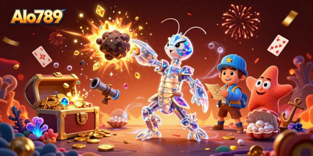 Alo789 captures a vibrant scene of gaming excitement with a galactic samurai mantis shrimp, bursting with gems, enhancing online casino allure.