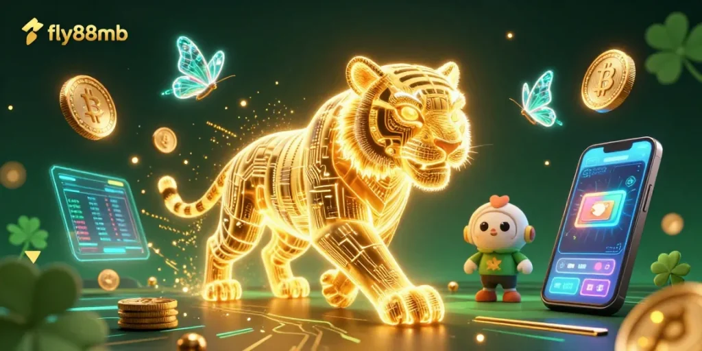 Experience thrilling gameplay at fly88mb with a glowing golden tiger and vibrant crypto elements in a dynamic digital casino