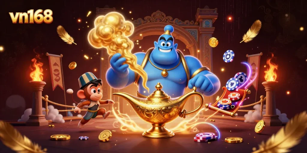 Experience vn168's vibrant casino atmosphere with genies and treasures illustrating excitement.