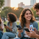 AI girlfriend interaction in a vibrant urban park, showcasing young couples enjoying modern relationships.