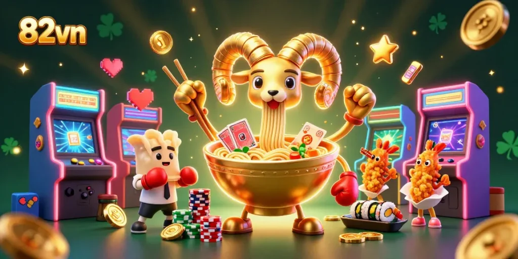Engage in exciting casino games at 82vn with dynamic characters and vibrant elements in a colorful scene.