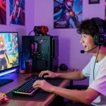 Player immersed in ecchi games on a colorful gaming setup, showcasing vibrant atmosphere and engaging elements.