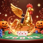 Engage with OKTK as a golden rooster gameplay in a lively midnight casino scene.