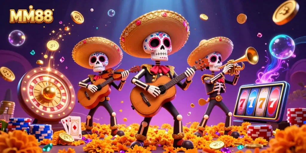 Experience the excitement of MM88 with a vibrant 3D illustration featuring a mariachi band, casino elements, and dynamic visuals.