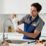 Filterlogic FF27 Faucet Filter installation by a trusted local service provider in a well-lit kitchen.