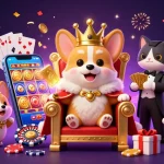 Experience thrilling wins at z188 with an extravagant casino illustration showcasing a royal corgi and vibrant game elements.