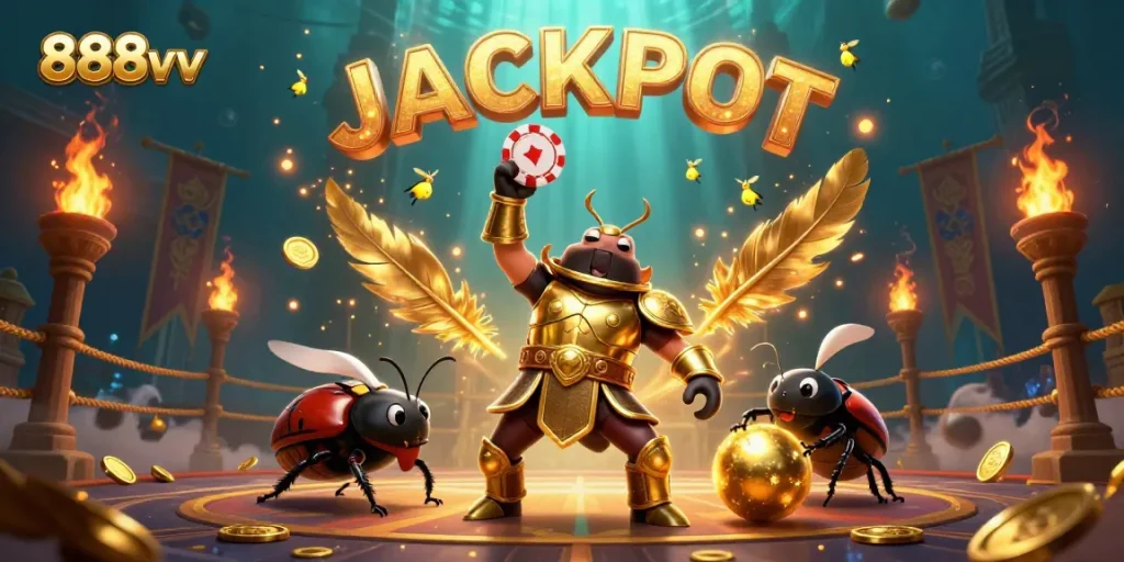 Bet on great wins at 888vv with a victorious beetle lifting a poker chip in a dynamic casino scene