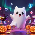 Explore instant payout casinos in Australia with vibrant characters and 3D elements in a spooky casino setting.