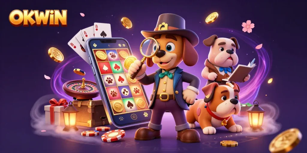 Experience the excitement of OKWIN with a 3D detective scene exploring casino clues and riches.