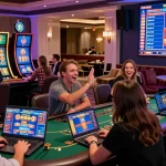 Players enjoying situs judi with laptops and virtual games in a lively casino atmosphere.