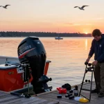 Assembling an outboard motor stand at sunset on a marina dock, enhancing boating lifestyle.