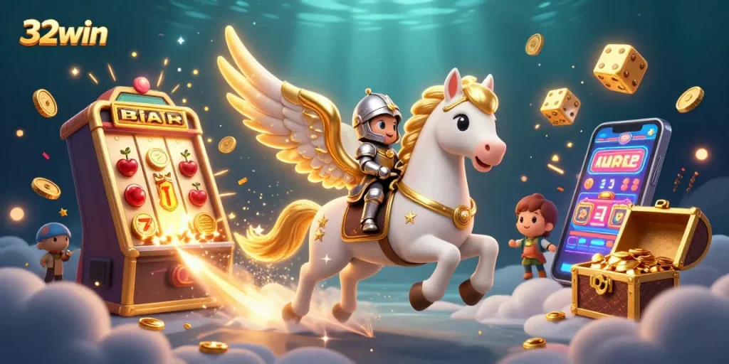 Engage with 32win's vibrant casino adventure featuring a celestial horse and knight amidst a jackpot explosion.