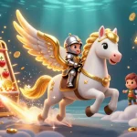 Engage with 32win's vibrant casino adventure featuring a celestial horse and knight amidst a jackpot explosion.
