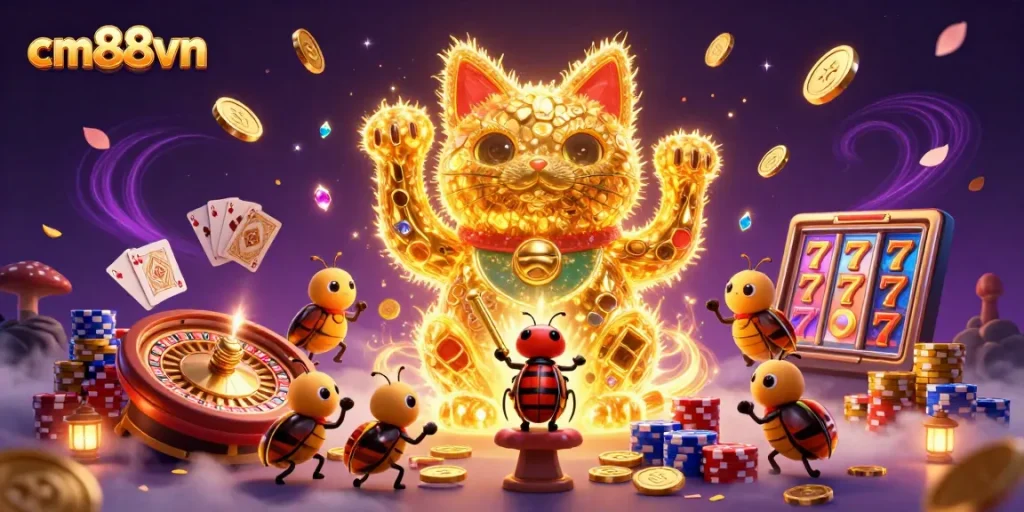 Experience the excitement at cm88vn with a vibrant 3D lucky cat, casino symbols, and falling gold coins.