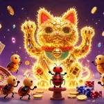 Experience the excitement at cm88vn with a vibrant 3D lucky cat, casino symbols, and falling gold coins.