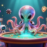 Experience thrilling poker action with fv88, featuring a cosmic octopus dealer and shining poker chips.