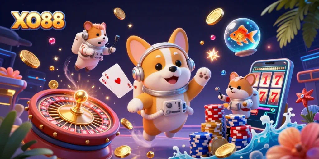 Experience the thrill of XO88 with a cartoon astronaut corgi in a cosmic casino adventure filled with gold and excitement.