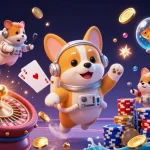 Experience the thrill of XO88 with a cartoon astronaut corgi in a cosmic casino adventure filled with gold and excitement.