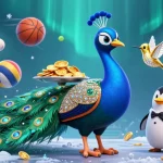 Experience sunwin's thrilling gaming environment with a peacock, penguin, and hummingbird surrounded by slots and sports elements.