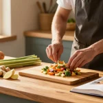 Dynamic cooking scene showcasing fresh ingredients for เว็บสล็อต recipes in a cozy kitchen.