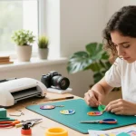 Custom keychains being personalised at a vibrant home workspace with creative tools and colourful designs.