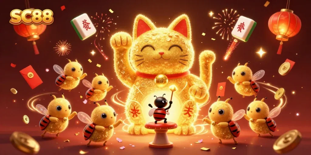 Experience exciting gaming energy with SC88 in a vibrant 3D casino scene featuring lucky symbols.