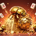 Experience thrilling moments at Red88 with a golden dung beetle rolling winnings at a vibrant casino scene.