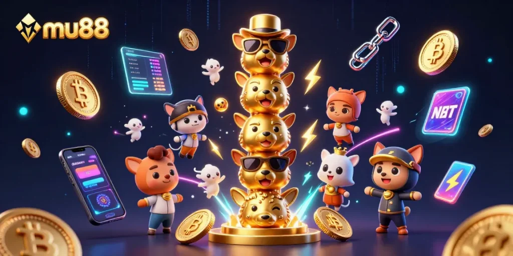 Engage with mu88's vibrant 3D casino scene featuring a golden totem pole and crypto elements.
